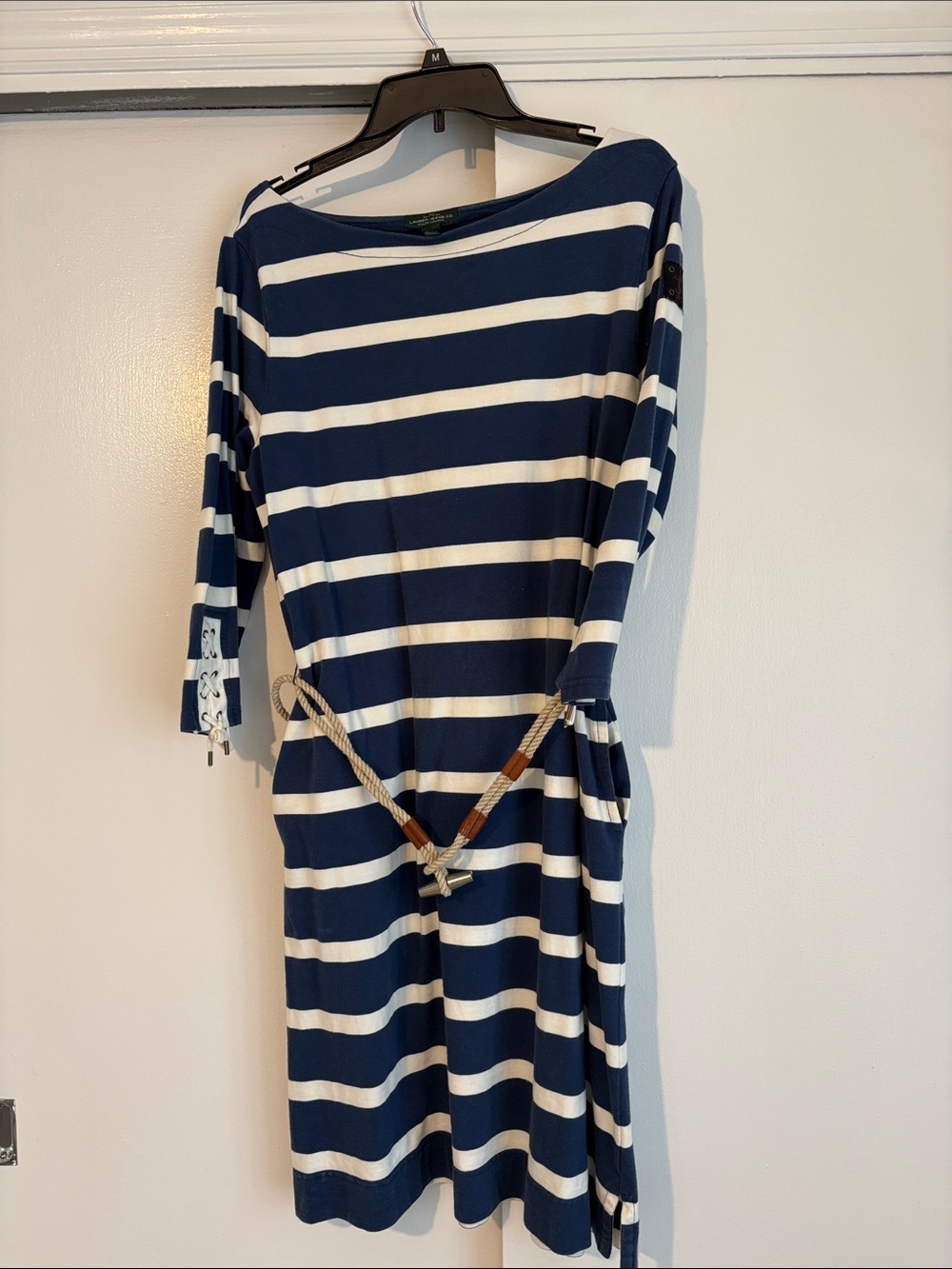 Lauren Ralph Lauren Navy and White Striped Long Sleeve Dress with Rope Belt